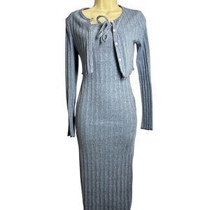 Ribbed Knit Two-Piece Dress Set in Light Gray